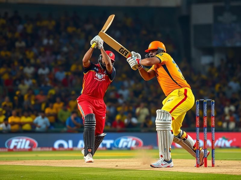 A vibrant IPL stadium shot at night, featuring RCB and GT players in action, with the scoreboard showing a close match. The a