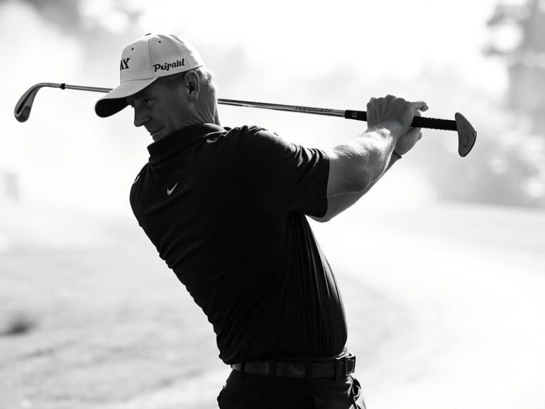 A high-resolution action shot of Jim Furyk mid-swing on a PGA Tour course, showcasing his signature looping motion, with a fo