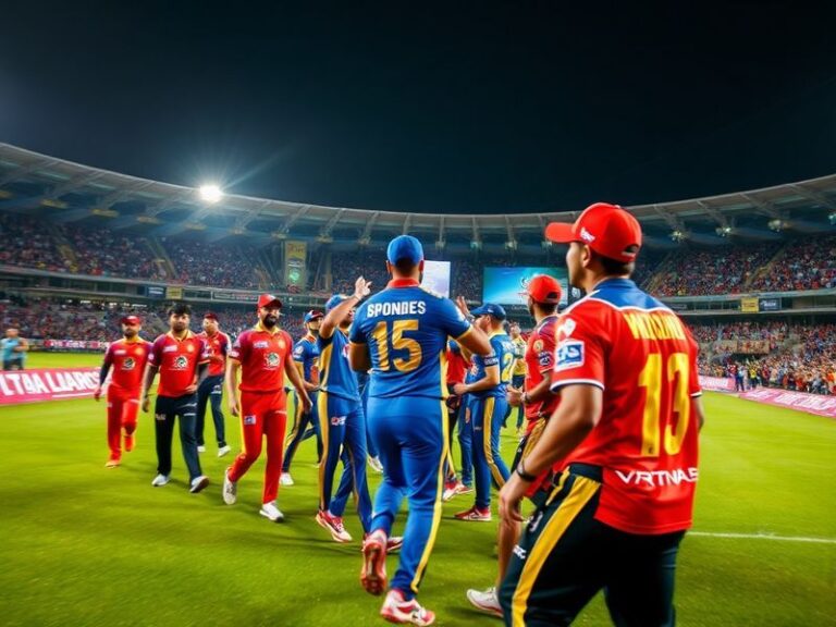 A vibrant cricket stadium under lights, with RCB and GT players in action on the field, batsmen running between wickets, and