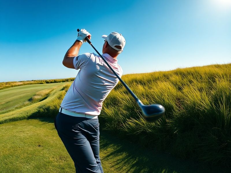 A dynamic action shot of Jim Furyk mid-swing on a golf course, showcasing his unique golf posture under bright daylight with
