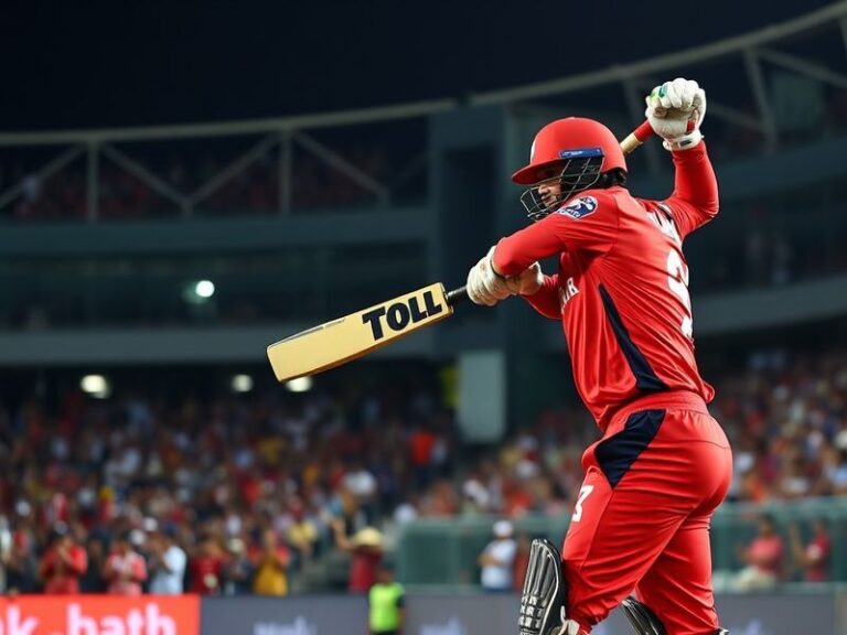 A vibrant cricket stadium at night featuring RCB’s red and black jersey vs GT’s blue and gold, with players in action, crowd