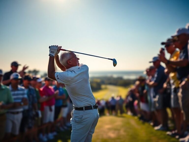 Jim Furyk mid-swing on a misty golf course, wearing a navy blue cap and white shirt, with a focused expression. The image cap