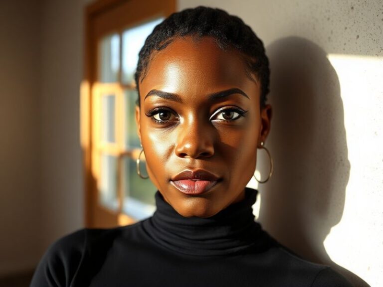 A warm-toned portrait of Nia Long in her 50s, wearing a stylish blazer, sitting in a sunlit living room with soft lighting an