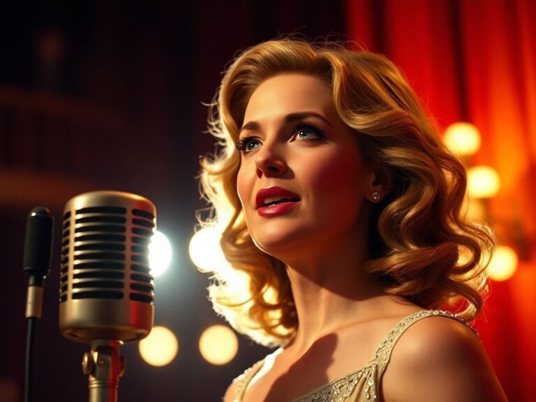 A mid-shot of Kelli O'Hara on stage in a period costume, mid-performance with a focused expression and one hand extended grac