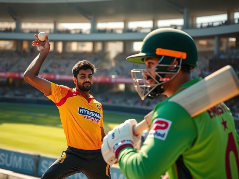 A vibrant cricket stadium packed with fans, featuring players from Hyderabad Kingsmen and Islamabad United in action during a