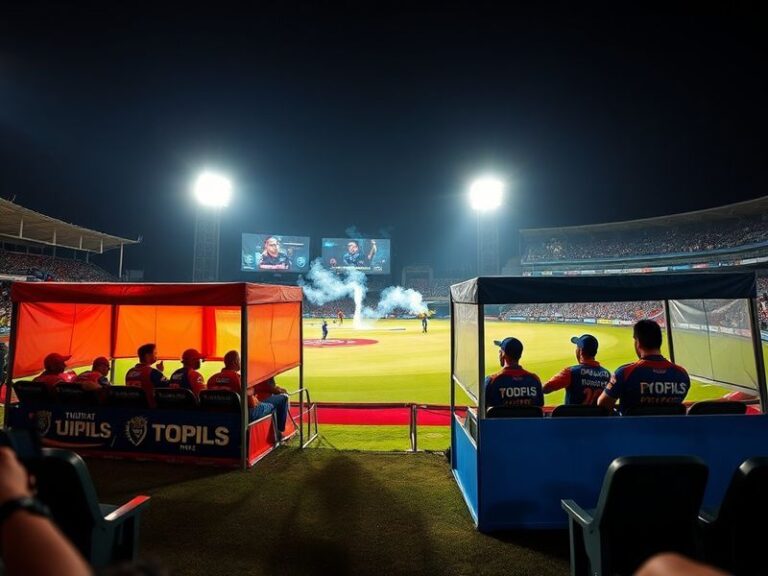 A vibrant stadium scene with GT and RCB players in action, surrounded by cheering fans holding jerseys and banners. The Naren