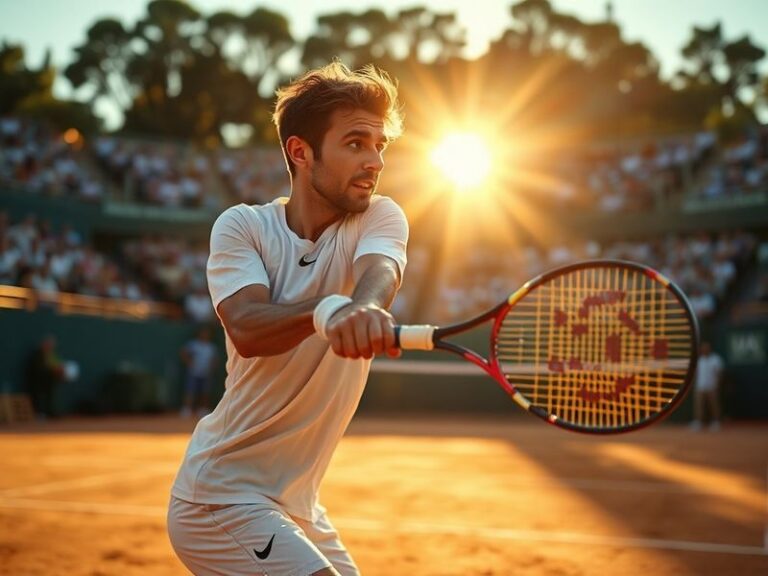 A dynamic action shot of Arthur Fils mid-serve on a hard court, with a blurred background showing a packed stadium. He is wea