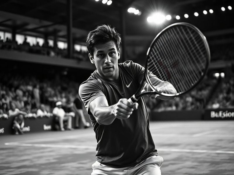 A focused action shot of Ignacio Buse mid-serve on a clay court, wearing a white cap and navy-blue athletic wear, with blurre
