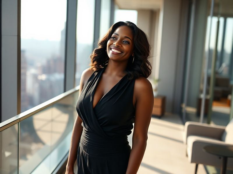 A professional portrait of Lala Anthony in a modern, warm-lit setting—wearing a stylish yet approachable outfit—speaking thou