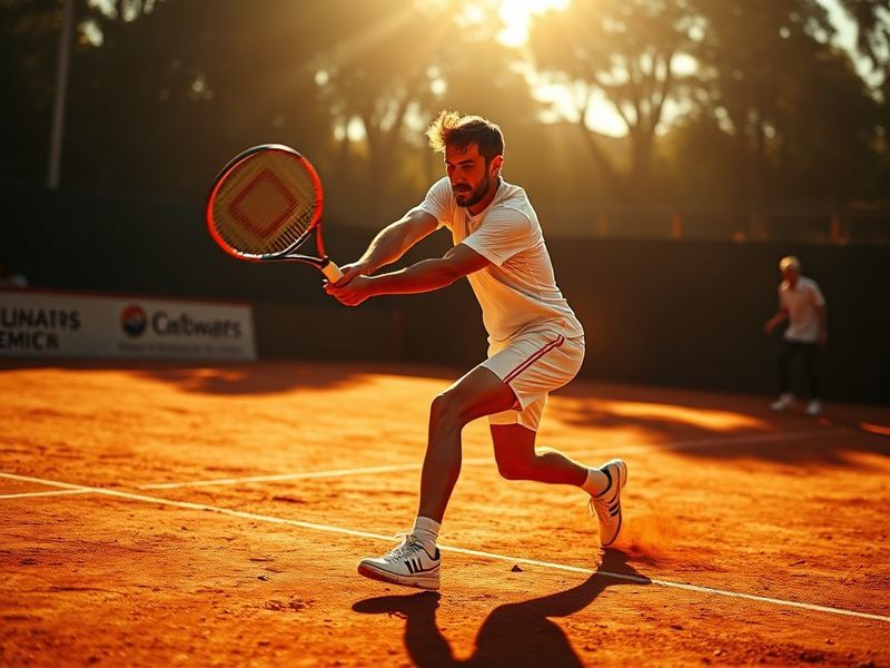 A dynamic action shot of Arthur Fils mid-match on a blue hard court, wearing the French team colors of navy blue and white, w