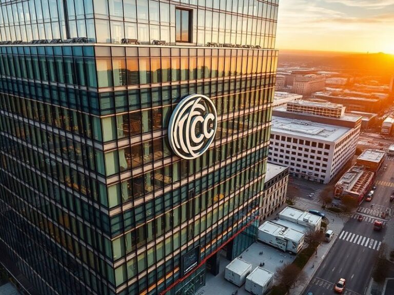 A professional illustration of the FCC headquarters in Washington, D.C., with digital icons representing telecommunications,