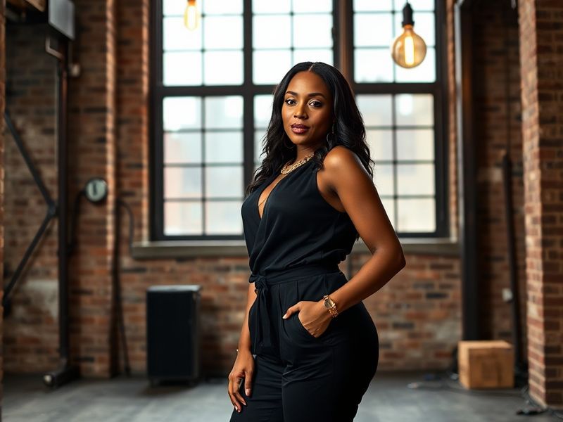 A vibrant, candid photo of Lala Anthony in a studio setting, wearing headphones and speaking animatedly into a microphone, wi