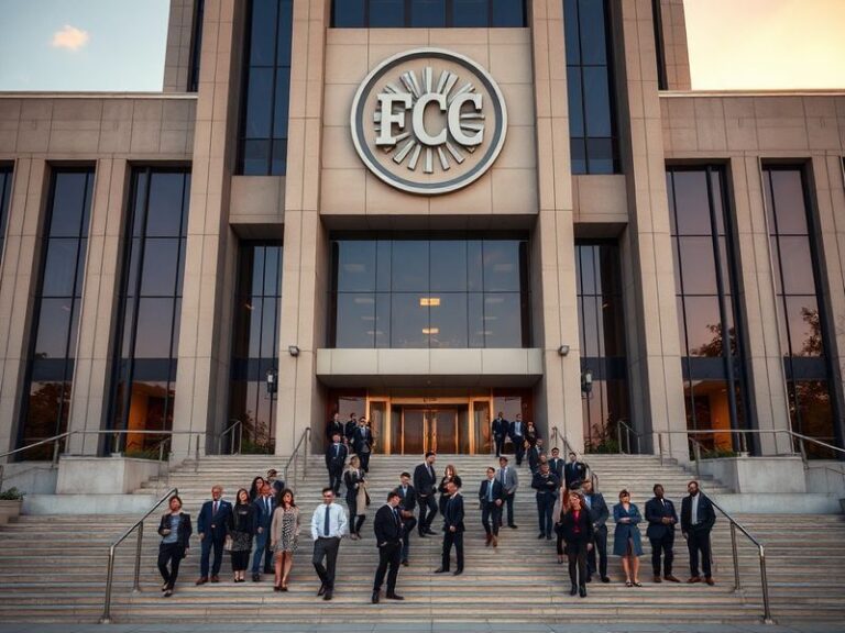 A split-screen image showing a vintage 1930s radio alongside a modern 5G tower, symbolizing the FCC's evolution from radio re