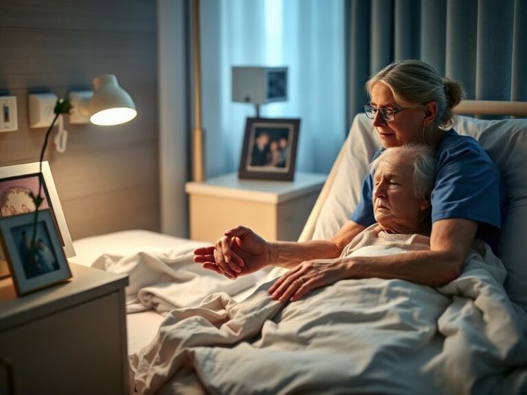 A split-world illustration showing a serene hospital room on one side with a compassionate doctor and patient, and a protest