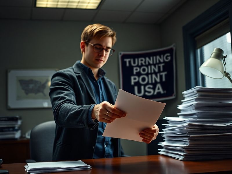 A divided campus scene with students in discussion, one holding a TurnPoint USA sign while another walks away. The mood is te