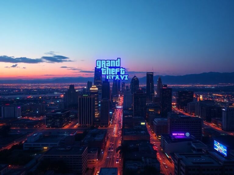 A cinematic promotional image of Vice City at sunset, featuring neon lights, palm trees, and a retro-inspired sports car crui
