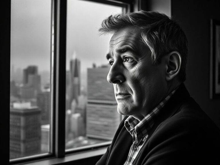 A candid mid-career portrait of Ray Hartmann in a newsroom or office setting, surrounded by books, newspapers, and a laptop,