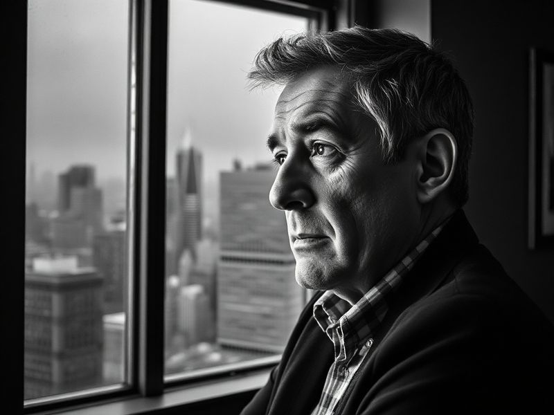 A candid mid-career portrait of Ray Hartmann in a newsroom or office setting, surrounded by books, newspapers, and a laptop,