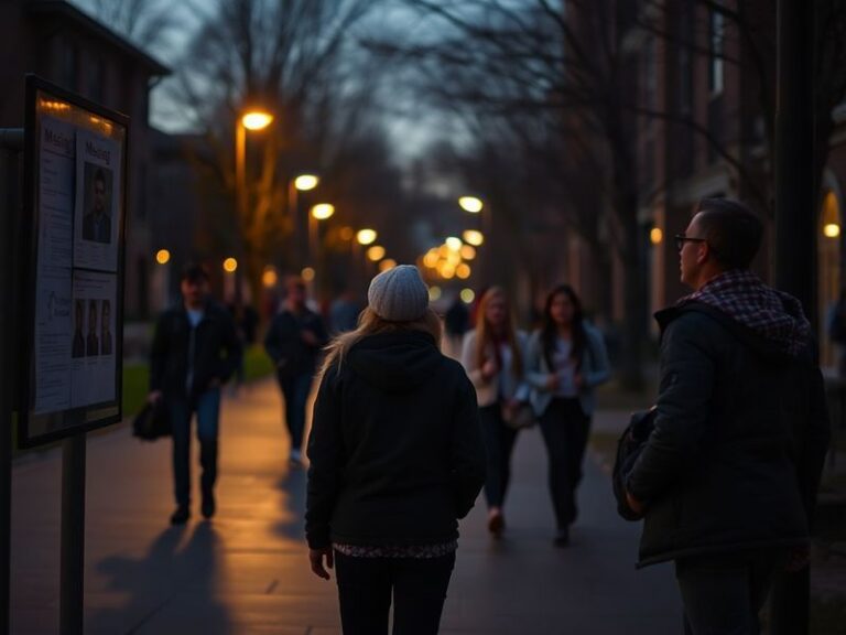 A somber evening shot of a nearly empty USF campus walkway, with a single student silhouette in the distance, warm streetligh