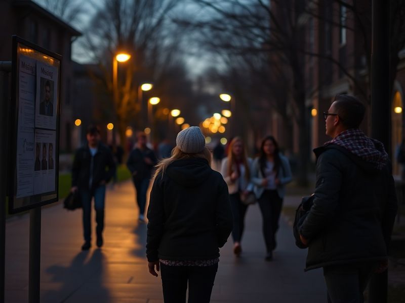 A somber evening shot of a nearly empty USF campus walkway, with a single student silhouette in the distance, warm streetligh