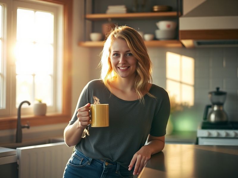A bright, energetic morning television set with Paige Shiver smiling while speaking to the camera, dressed in professional ye