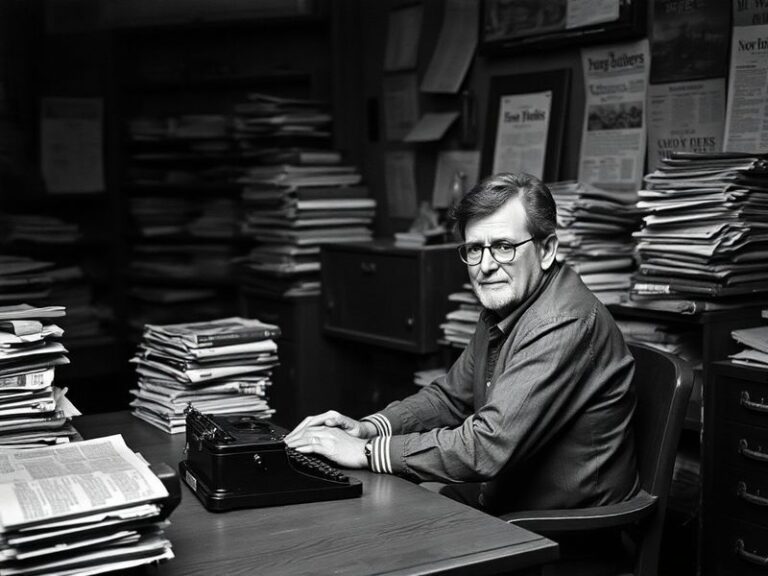A candid black-and-white photograph of Ray Hartmann speaking at a podium, with an American flag and Missouri state flag subtl