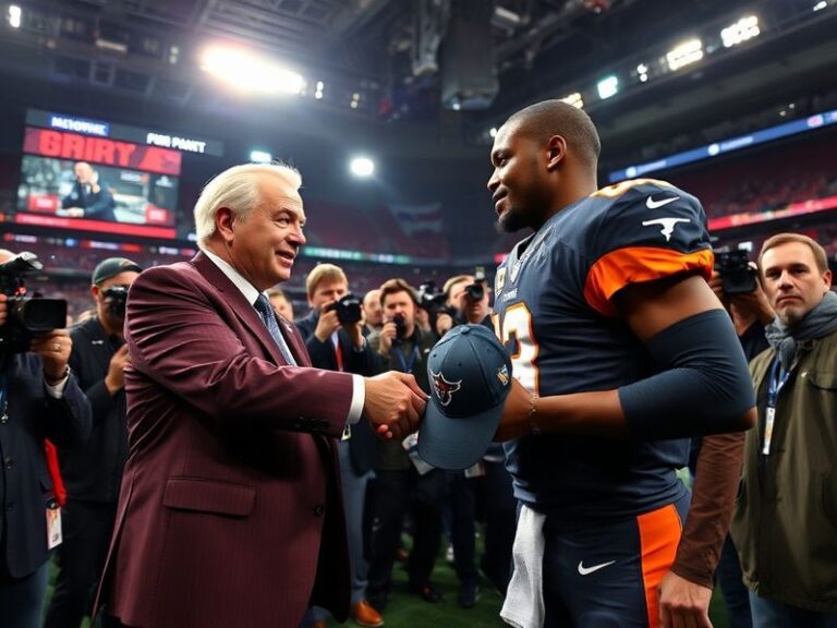 A split-screen image: on one side, a jubilant NFL player in a team jersey holding a jersey with their new team's logo; on the