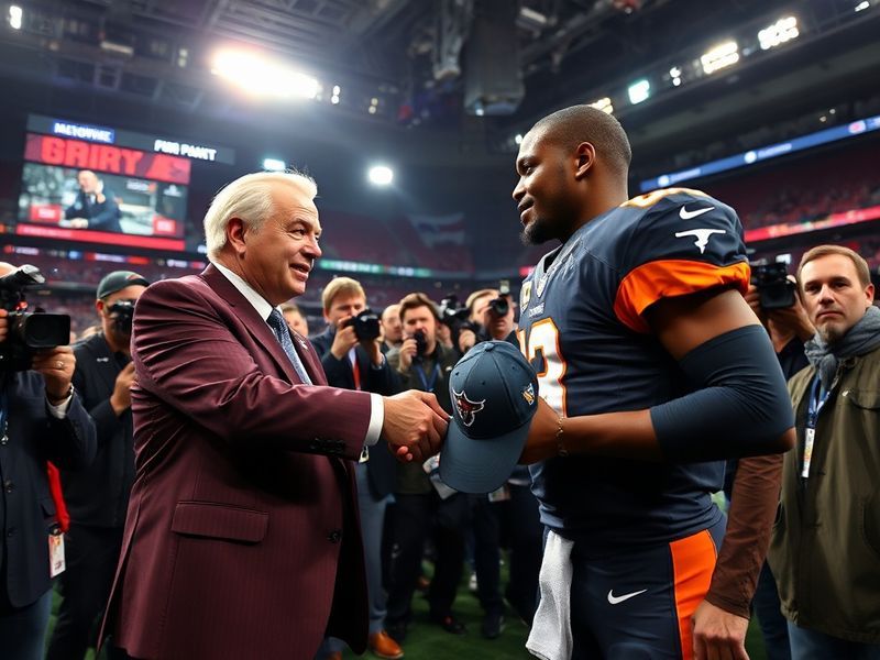 A split-screen image: on one side, a jubilant NFL player in a team jersey holding a jersey with their new team's logo; on the