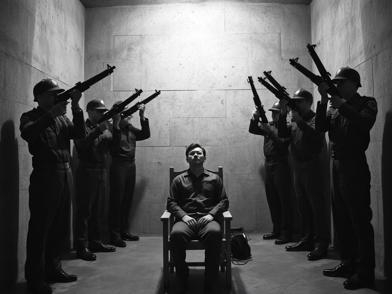 A black-and-white photograph of an empty prison execution chamber with a chair and firing squad target wall, conveying solemn