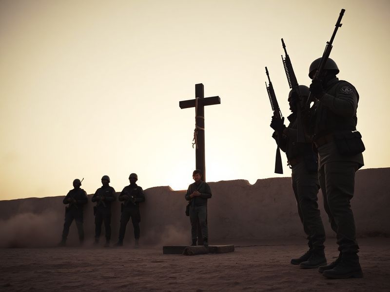 A black and white photograph of a firing squad execution in a desert setting, with masked executioners aiming their rifles at