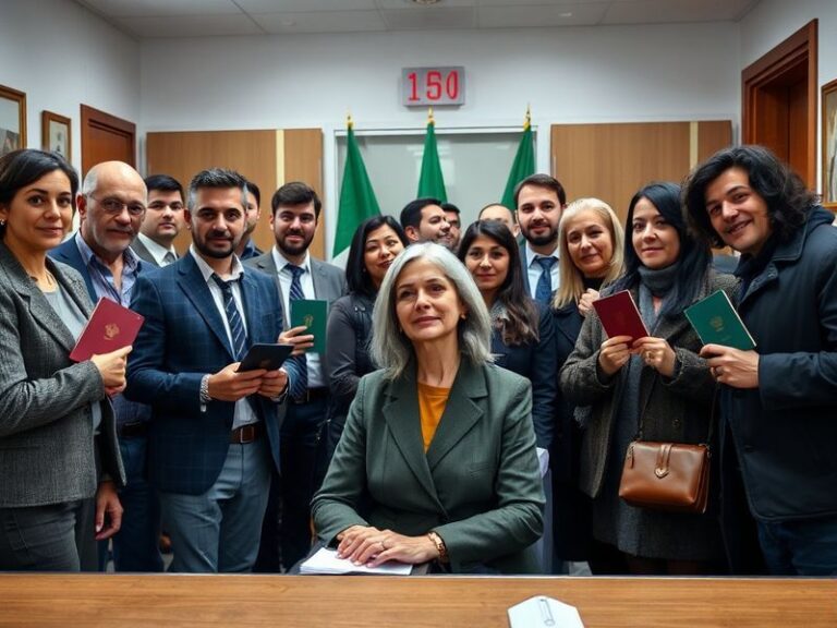 A vintage Italian passport with an antique fountain pen resting on top, set against a warm-toned background with subtle Itali