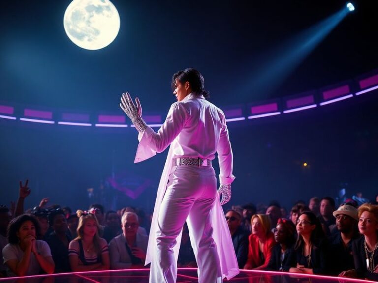 A cinematic still of a dramatic biopic scene featuring a Michael Jackson-inspired set with stage lights, a spotlight on a dan