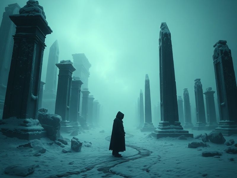 A group of FFXIV players in heavy winter gear exploring a frozen dungeon hallway, with glowing blue ice crystals and ancient