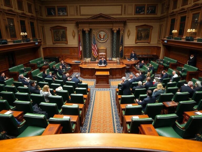 A wide-angle shot of the U.S. Capitol building at dusk, with the House wing illuminated and American flags waving in the fore