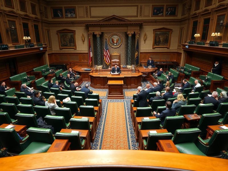 A wide-angle shot of the U.S. Capitol building at dusk, with the House wing illuminated and American flags waving in the fore