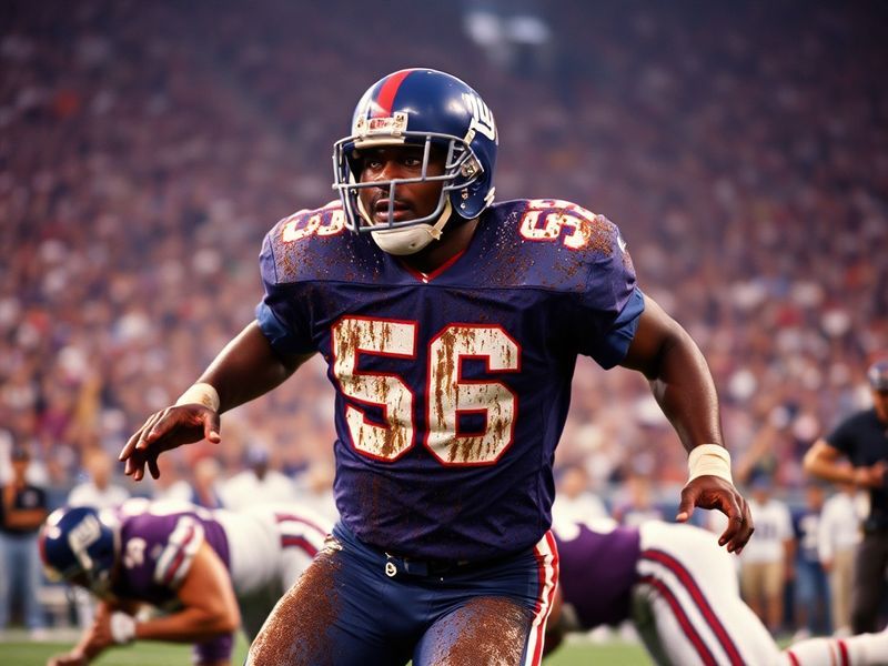 A dynamic action shot of Lawrence Taylor mid-sack in his Giants uniform, with a blurred background emphasizing his speed and