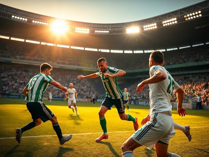 A dramatic shot of Nabil Fekir scoring for Real Betis against Real Madrid at the Benito Villamarín Stadium, with fans in the