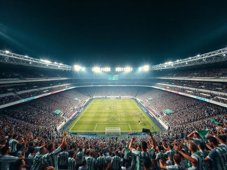 A vibrant stadium atmosphere with Real Betis fans in green and white scarves cheering against Real Madrid's white jerseys, ca