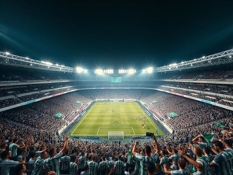 A vibrant stadium atmosphere with Real Betis fans in green and white scarves cheering against Real Madrid's white jerseys, ca
