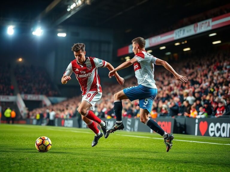 A vibrant matchday scene at the Stadium of Light or City Ground, showing fans in red and white scarves, players in action on