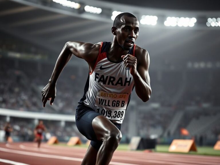 A dynamic action shot of Mo Farah mid-race, wearing his signature Team GB kit, with a stadium crowd blurred in the background