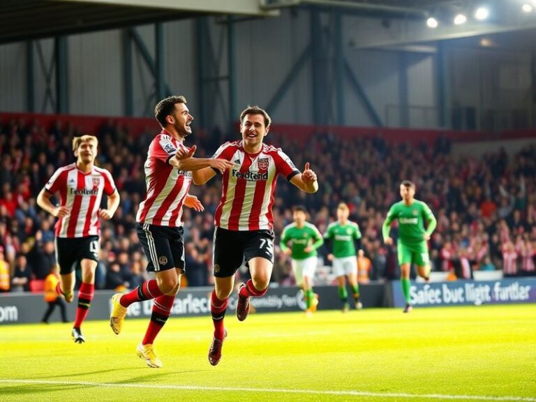A dynamic mid-match shot from the Stadium of Light, capturing Sunderland players in red and black pressing Forest in their bl
