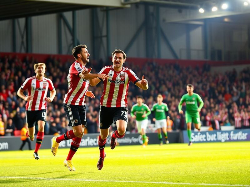 A dynamic mid-match shot from the Stadium of Light, capturing Sunderland players in red and black pressing Forest in their bl