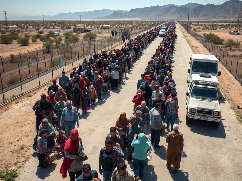 Aerial view of a crowded US-Mexico border crossing with long lines of vehicles and pedestrians under a bright blue sky. In th