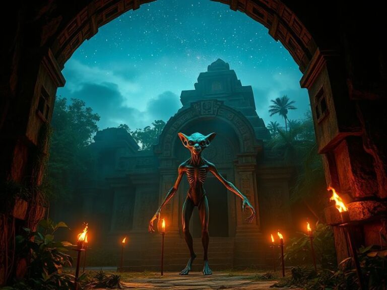 A split-image illustration showing the Great Pyramid of Giza on one side and a futuristic alien spacecraft on the other, with