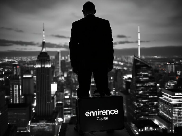 A sleek, modern office interior with a minimalist design, featuring a team of analysts reviewing financial data on large scre