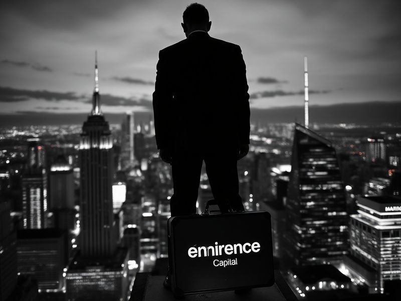 A sleek, modern office interior with a minimalist design, featuring a team of analysts reviewing financial data on large scre