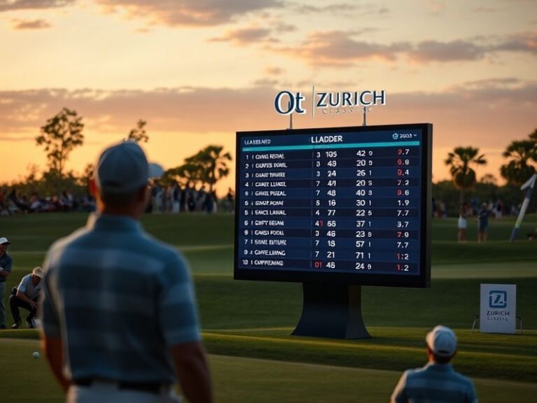 A vibrant golf course scene at TPC Louisiana during the Zurich Classic, featuring two golfers in mid-swing with fans watching