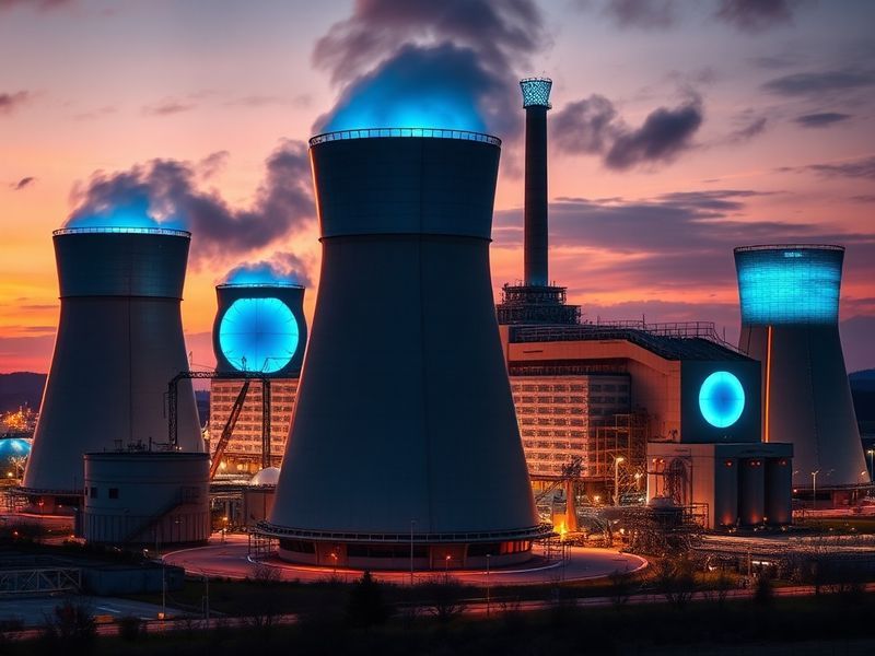 A sleek industrial facility at dusk, showing a futuristic nuclear reactor with glowing TRISO fuel elements, surrounded by a c