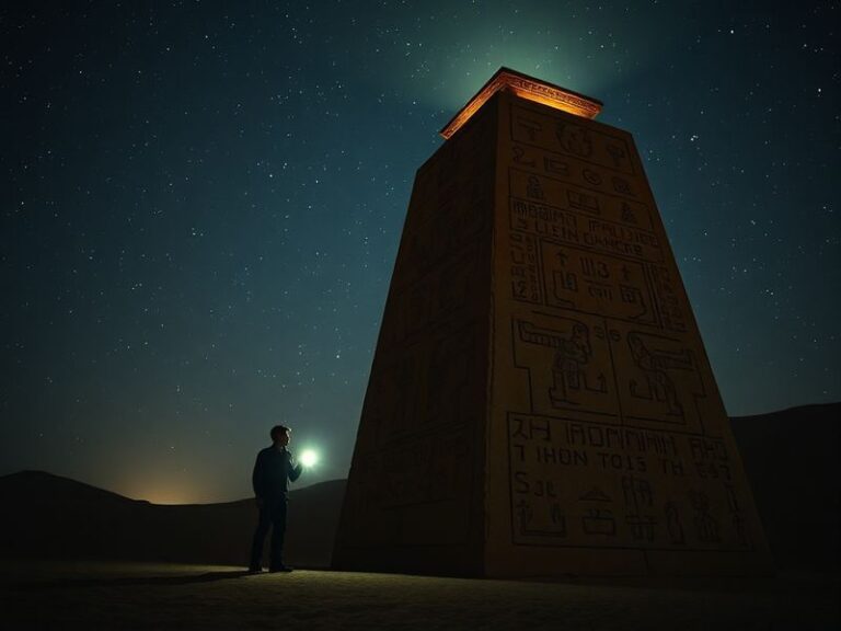 A split-image composition showing the Great Pyramid of Giza on one side and a futuristic spacecraft on the other, with ancien